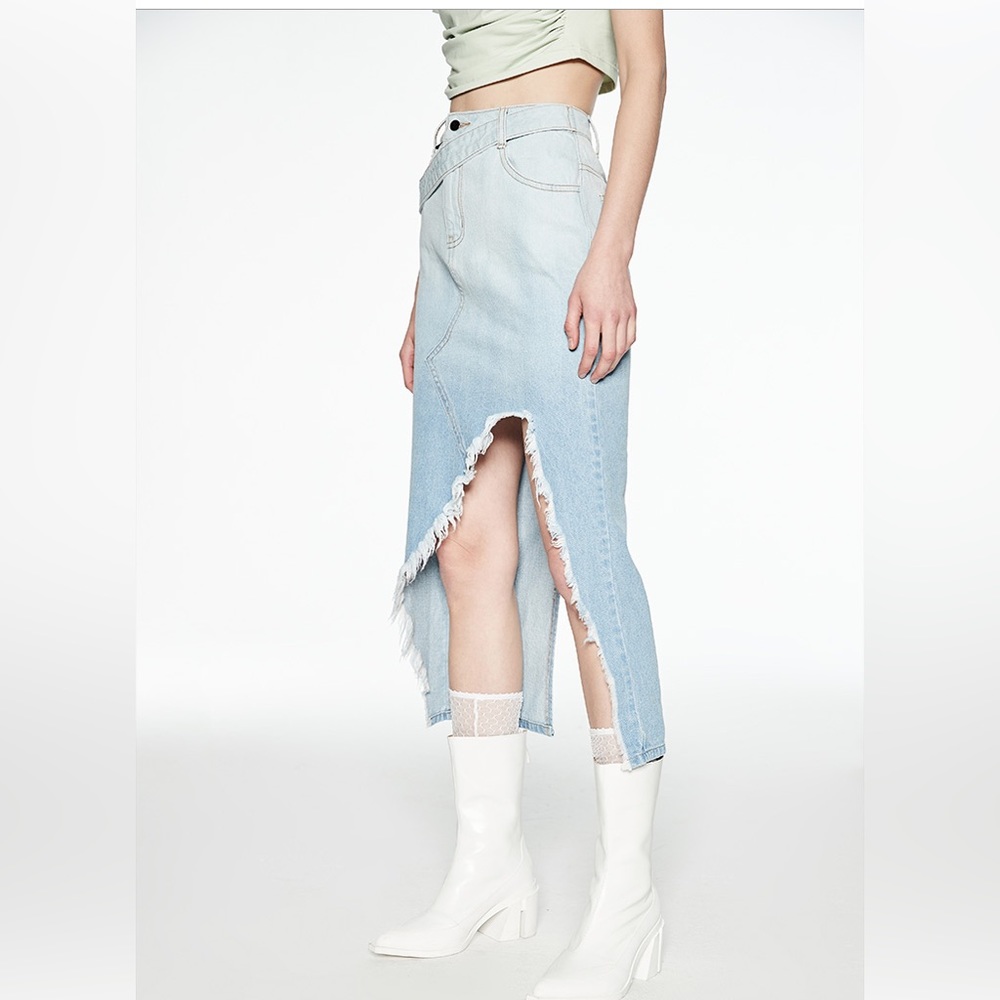 Asymmetrical midi jeans skirt unique design